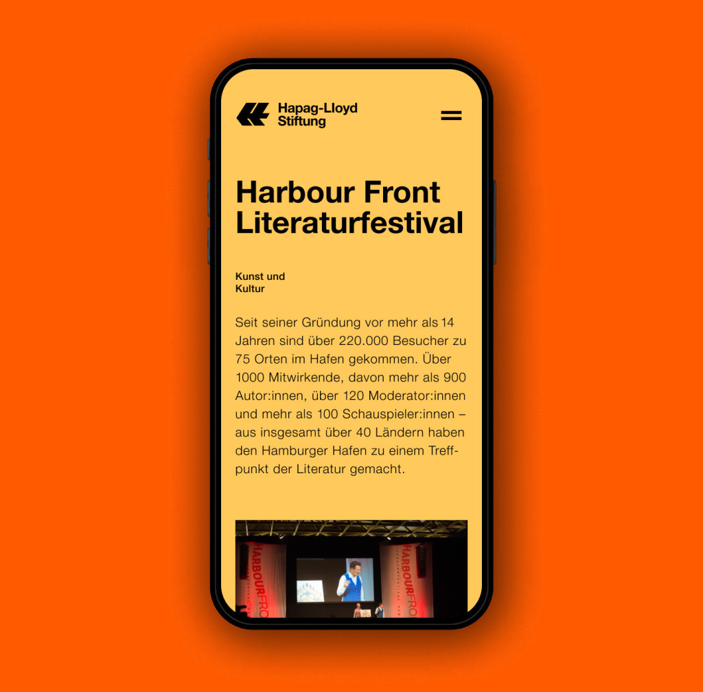 Hapag Lloyd Stiftung Website - Funding area example Harbour Front Literary Festival (mobile view)