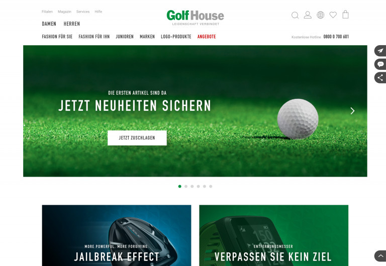 Der Website-Einstieg in den Golf House Online-Shop
