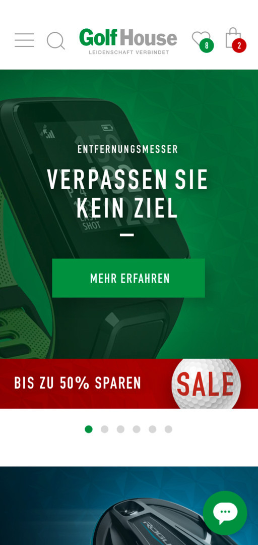 Die Smartphone-Ansicht des Golf House Online-Shops