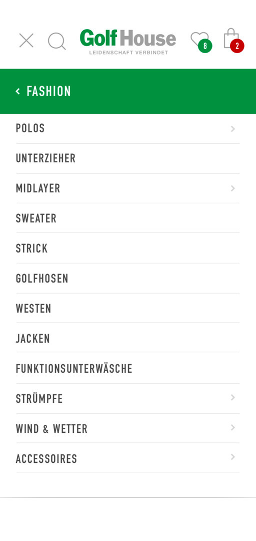Das Mobile-Menu des Golf House Online-Shops