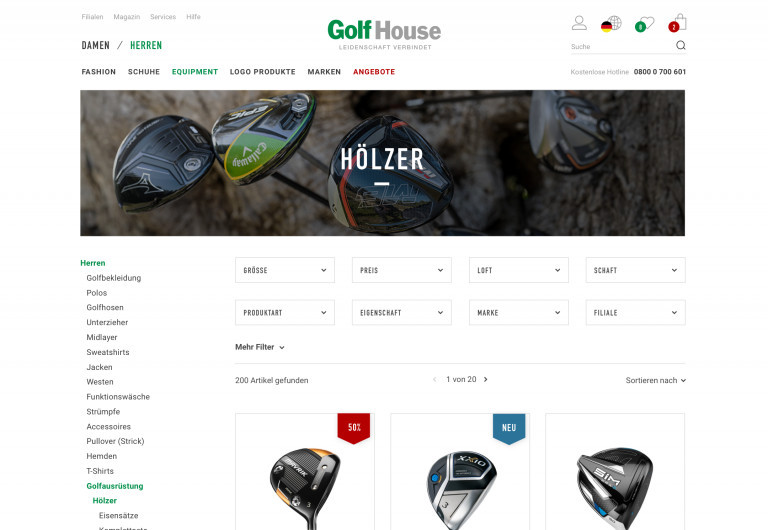 Eine Kategorie-Übersichtsseite im Golf House Online-Shops