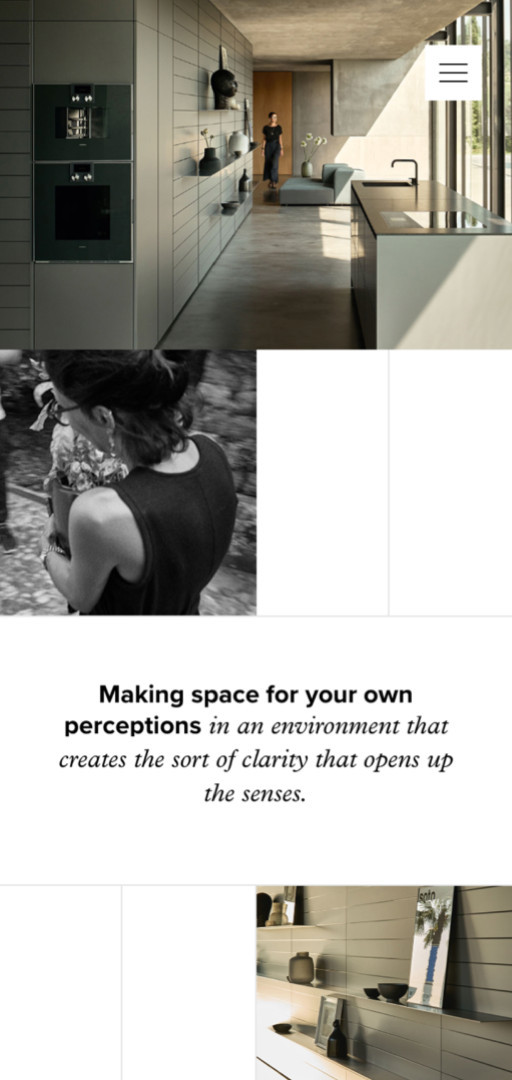 Poggenpohl website detail on mobile screen "Making space for your own perceptions …"