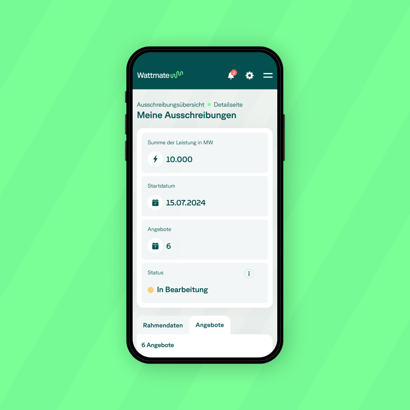 Wattmate - mobile view tender overview