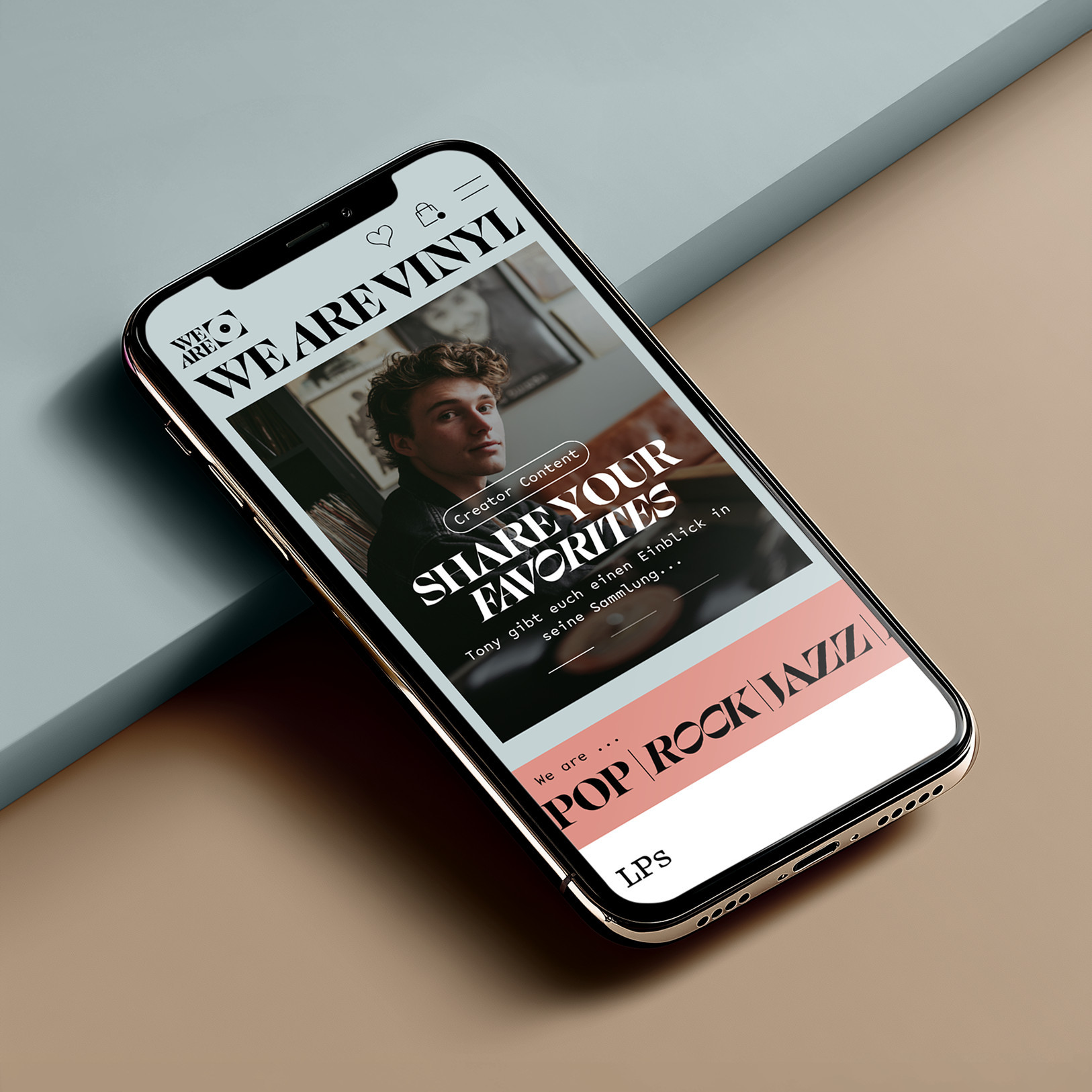 Mobile Ansicht des Seiteneinstiegs der Startseite mit großzügigem Slider zu aktuellen Vinyl-Themen