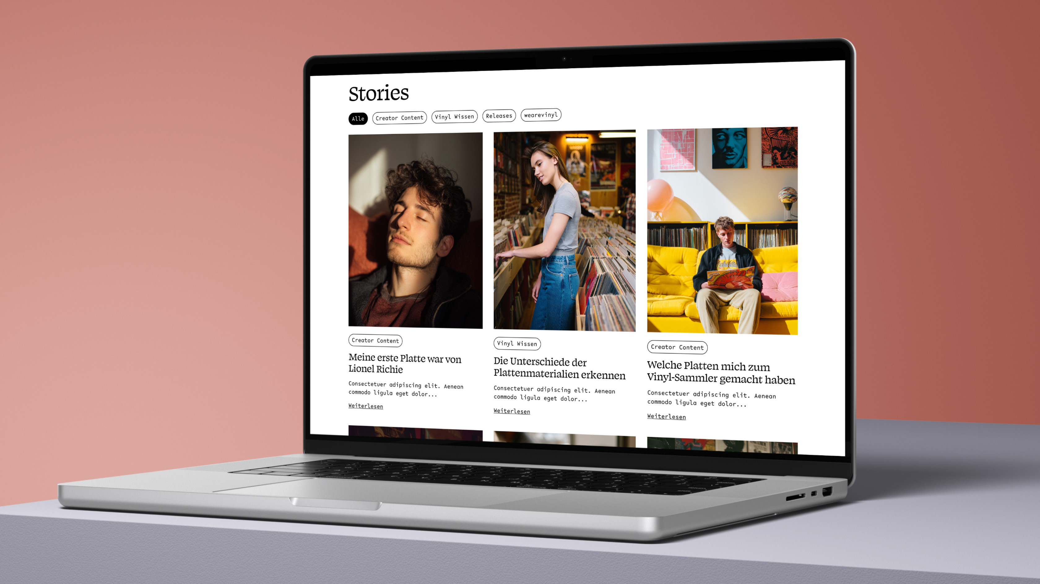 Übersicht von Artikeln mit Creator-Content und Vinyl-Wissen neben den Produkten