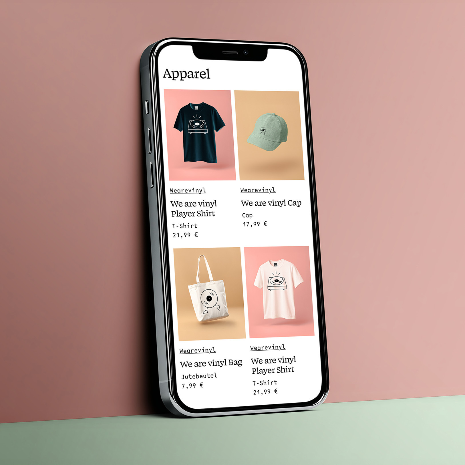 Mobile Ansicht einer Produktübersicht mit Apparel-Artikeln